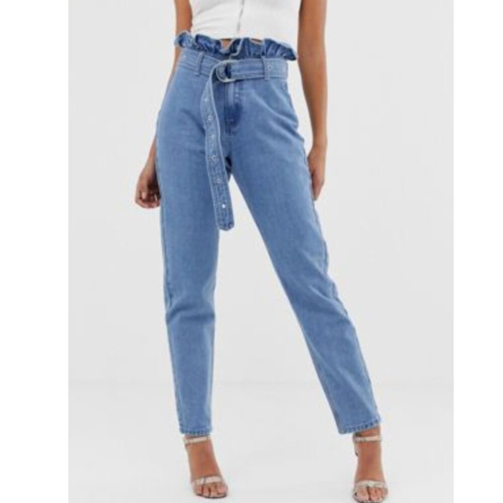Missguided Riot Mom Jeans High Rise Paperbag Waist Belted Blue Denim Size 6